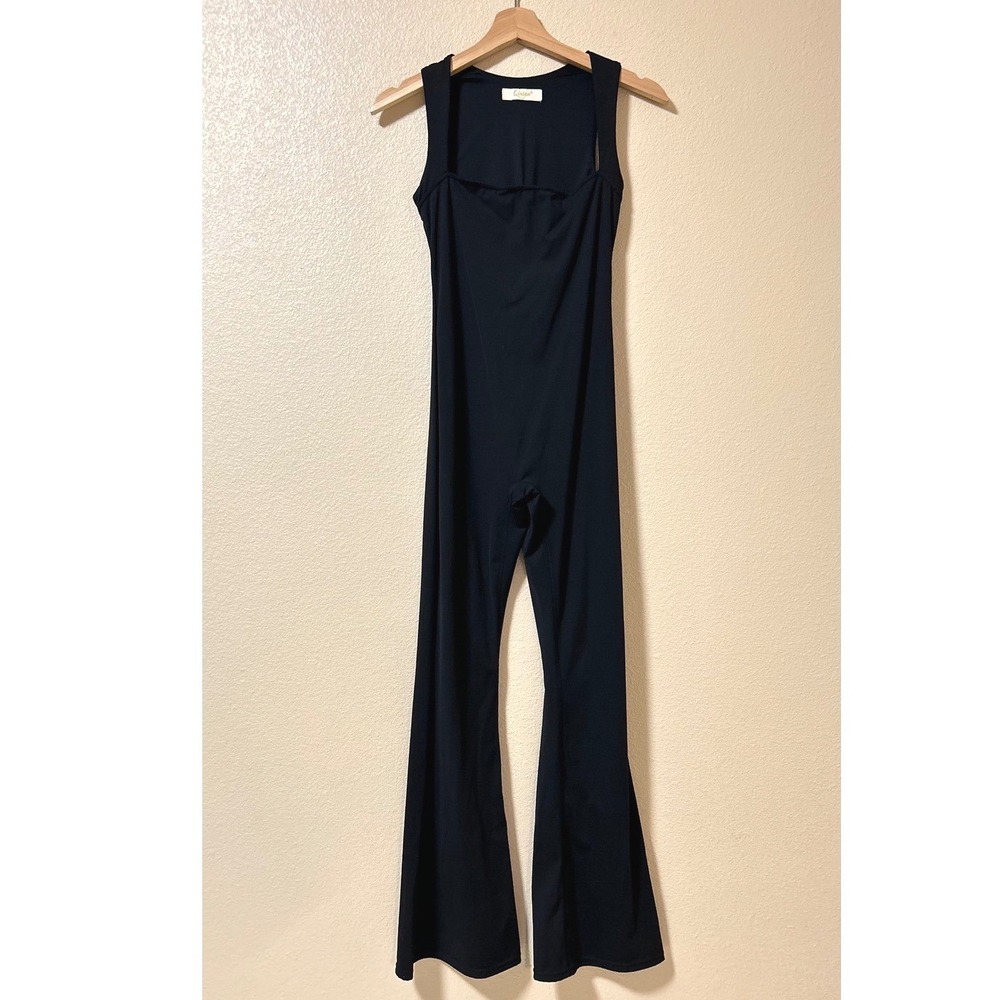 Qinsen Size S Jumpsuit Black Flare Leg Square Neck Sleeveless Activewear Bootcut